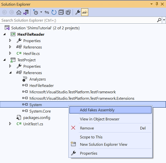 Visual Studio screenshot showing the system assembly being selected