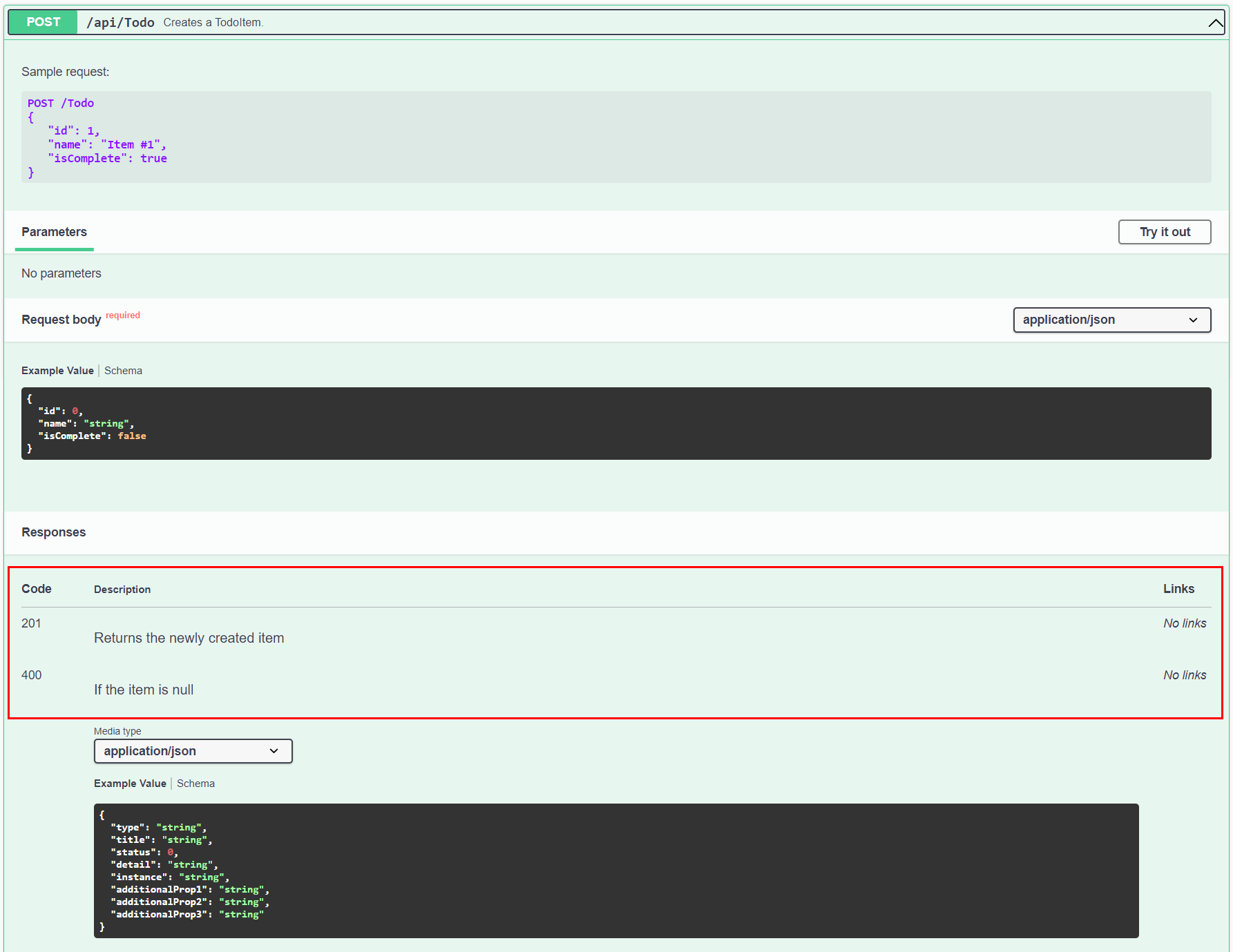 A screenshot of Swagger UI showing the result of annotating the model and adding attributes to controllers