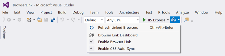 A screenshot of Visual Studio showing the Debug toolbar with the Browser Link control