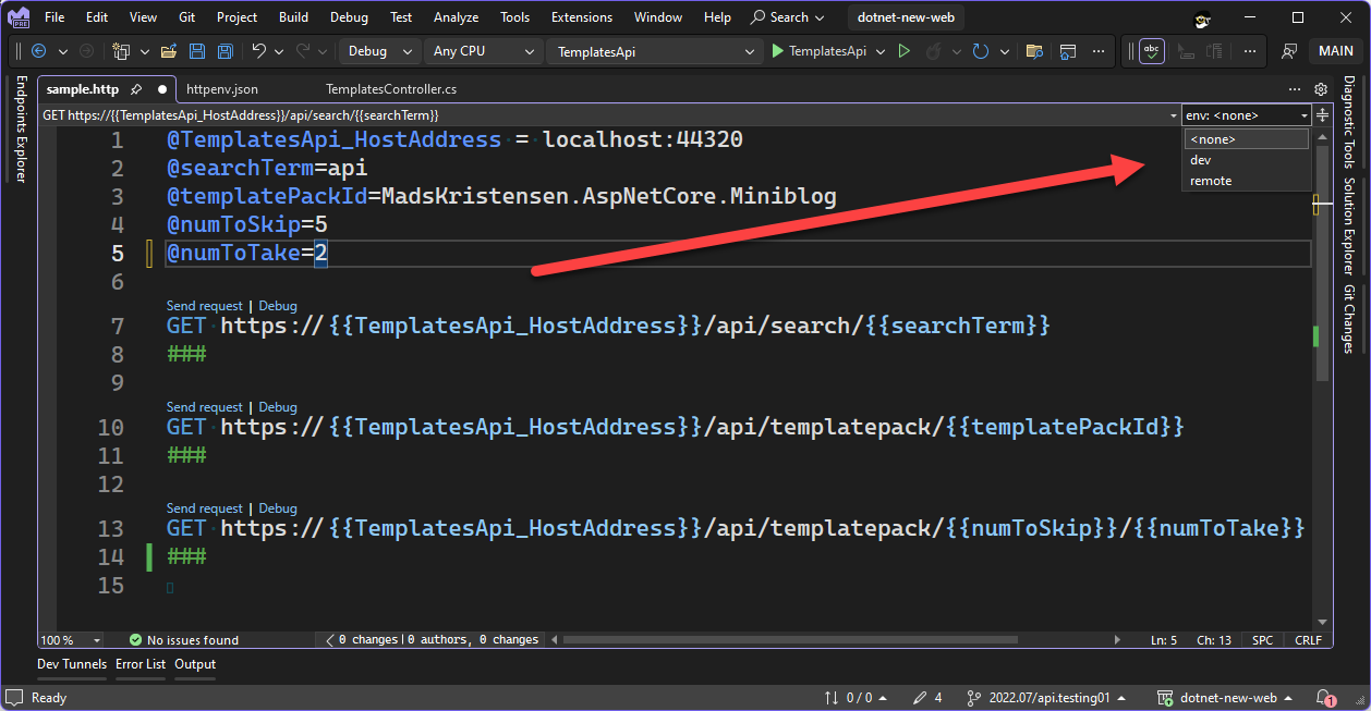 A screenshot of Visual Studio showing the environment picker available in the upper right