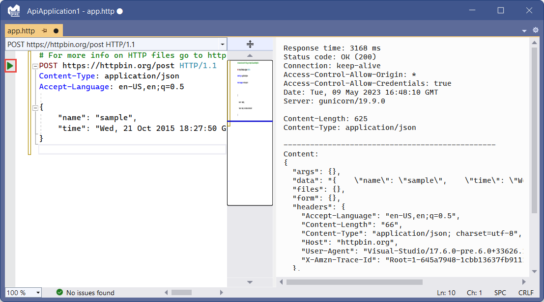 A screenshot of the Visual Studio HTTP file experience