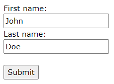 A screenshot of a form with two fields labeled &lsquo;first name&rsquo; and &rsquo;last name&rsquo; and a button labeled &lsquo;submit&rsquo;